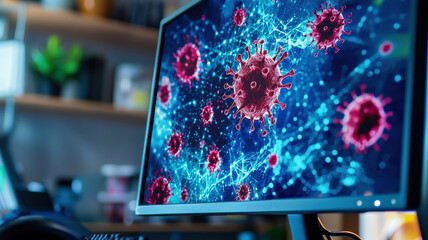 A close-up of a computer monitor displaying a malware infection warning, as a user attempts to install antivirus software to stop a cyberattack. The screen glows red with security alerts.