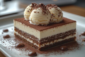 Decadent Chocolate Cake with Ice Cream and Marshmallows on White Plate