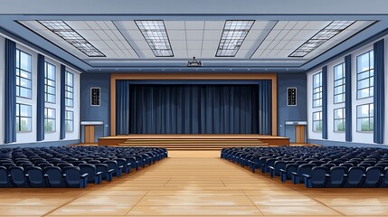 An illustration of an empty auditorium with a stage and rows of blue seats.