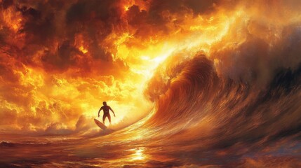 Surfer riding a fiery wave at sunset
