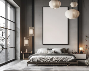 Bedroom interior with blank photo frame on the wall, version 20