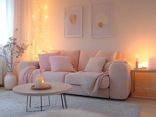 Fototapeta premium Cozy Living Room Decorated With Soft Pink Hues And Warm Lighting