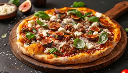 Delicious fig and goat cheese pizza with fresh basil and parmesan cheese on a wooden board.