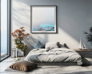 Bedroom interior with blank photo frame on the wall, version 17