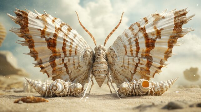 Shell butterfly on beach sand with seashells.