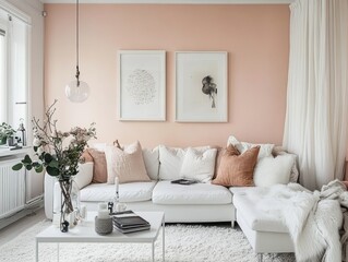 Fototapeta premium Modern Living Room Decor With White Sofa And Pink Walls