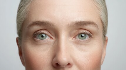 Close-Up Portrait of a Woman with Green Eyes and Light Skin, Highlighting Features and Natural Beauty in a Minimalist Style for Cosmetic or Skincare Applications