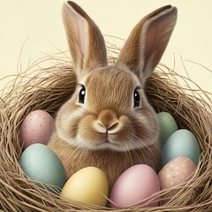 Easter Bunny in Nest with Colorful Eggs