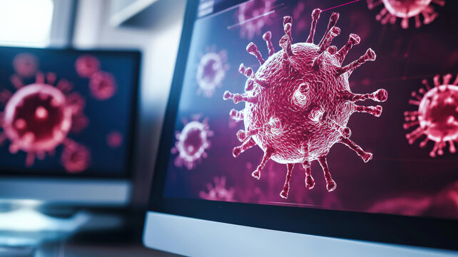 A close-up of a computer monitor displaying a malware infection warning, as a user attempts to install antivirus software to stop a cyberattack. The screen glows red with security alerts.