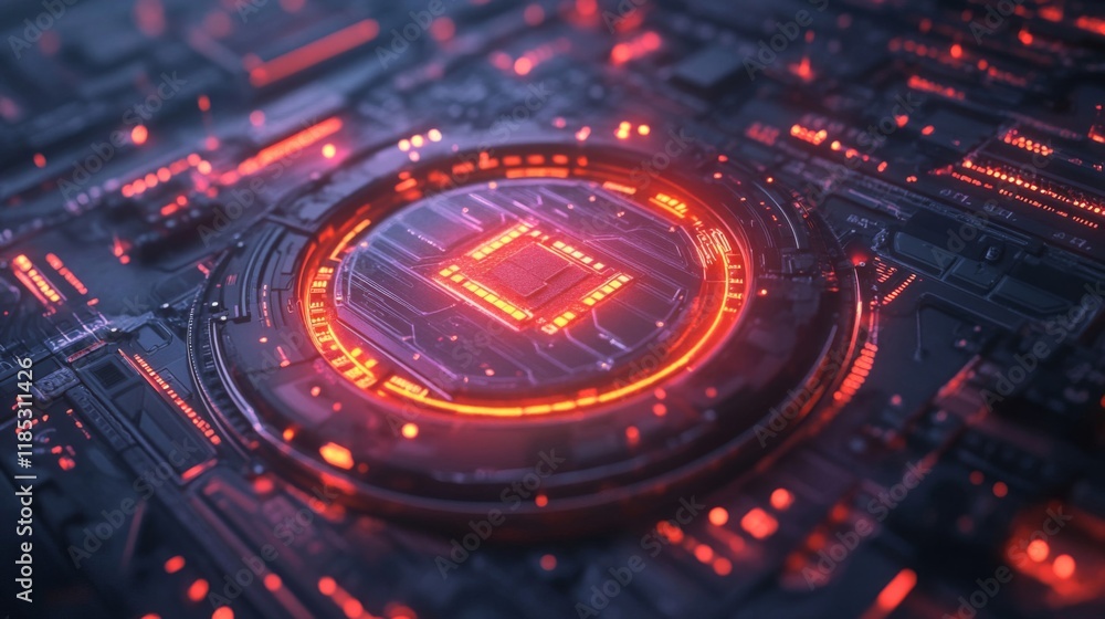 Poster glowing red circuit board with central processing unit