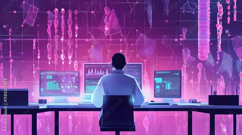 Poster scientist analyzing genetic data on multiple screens