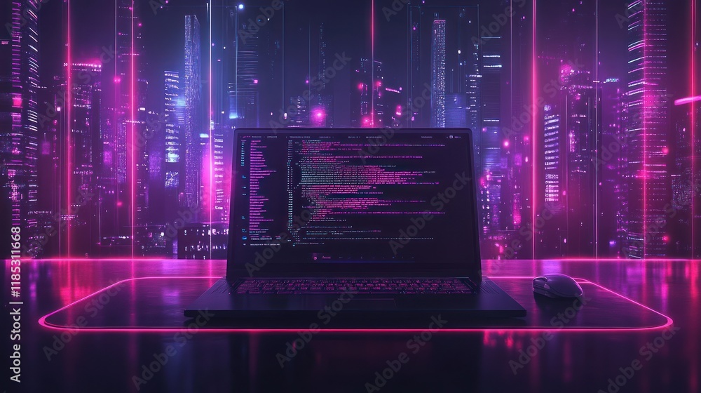 Poster cyberpunk city skyline backdrop with laptop displaying code.