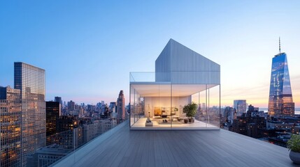 Obraz premium Modern Rooftop Terrace with Glass Walls Overlooking Urban Skyline at Sunset Featuring Contemporary Furniture and Scenic City Views in a Metropolitan Environment