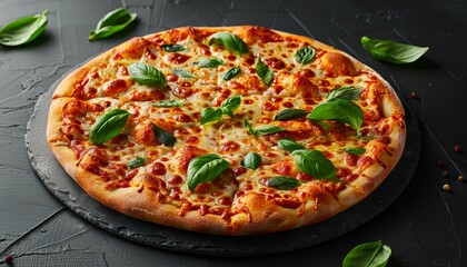 A delicious margherita pizza with mozzarella cheese and fresh basil leaves on a black slate plate.