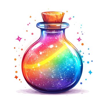 A vibrant, rainbow-colored glass bottle filled with sparkling glitter, resembling a galaxy, sits on a white background.