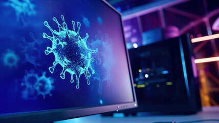 A close-up of a computer monitor displaying a malware infection warning, as a user attempts to install antivirus software to stop a cyberattack. The screen glows red with security alerts.