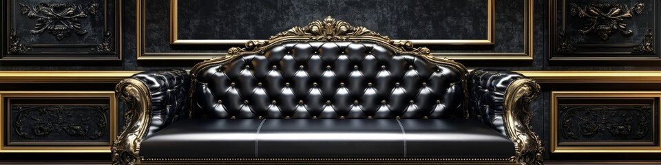A luxurious black and gold ornate sofa against a textured wall.