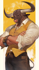Anthropomorphic bull in formal attire