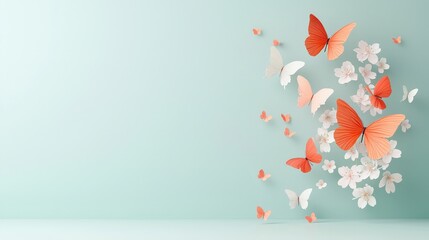 A wall with a blue background and a bunch of butterflies flying around