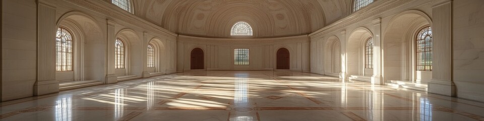 Obraz premium A spacious, well-lit hall with elegant architecture and large windows.
