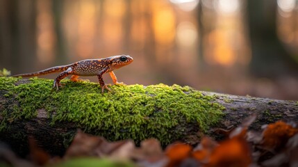 Vibrant Salamander on Mossy Log in Autumn Forest