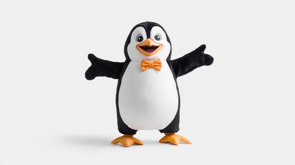 Obraz premium Cheerful cartoon penguin character with arms open wide and a bow tie, designed for playful and fun themes suitable for children and family-oriented projects in various creative contexts.