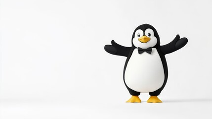 Obraz premium Cute cartoon penguin character in tuxedo with outstretched arms against a plain white background, ideal for children's themes, celebrations, or winter activities promotional materials