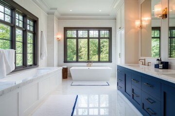 Luxurious modern bathroom with freestanding tub and large windows