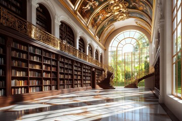 Obraz premium Opulent baroque library with grand staircase and sunlit arched windows