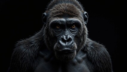 Obraz premium A powerful gorilla stares straight into the lens, its intense gaze framed against a pitch-black backdrop, highlighting its rugged beauty and commanding presence