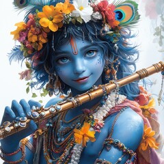 Baby Krishna Playing Flute Cartoon Character Hindu God Lord Krishna Cheerful Indian Festival