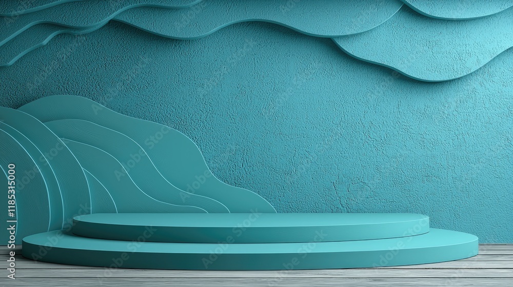 Poster teal waves abstract background: modern minimalist architecture, product display podium, 3d render