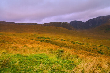 Glenveagh National Park in Donegal Ireland -Spectacular aerial view showcasing lush green valleys...