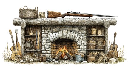 Rustic Stone Fireplace with Hunting Rifle, Guitars, and Rustic Accents.