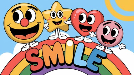 Flat art illustration of rounded, stylized characters including a smiley face, star, heart, and circle standing on a rainbow with the text "SMILE" and a bright, sunny sky