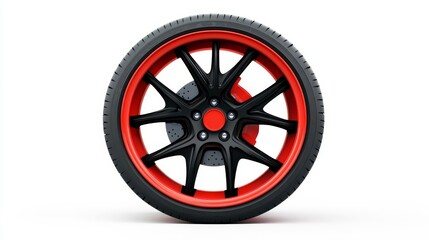 Obraz premium Sleek Black and Red Sport Wheel with Modern Design and High-Performance Tire for Car Enthusiasts and Automotive Projects