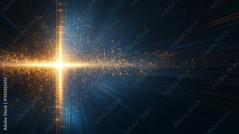 Poster bright golden light rays forming a cross with sparkles on a dark background creating a visual repres