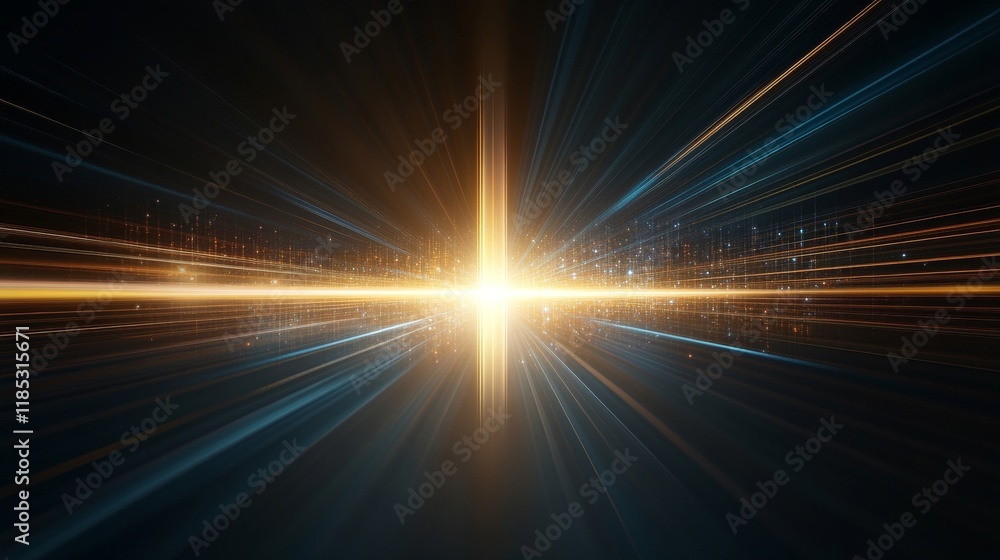 Aufkleber radiant light burst with dynamic rays expanding in a digital environment, illuminating a futuristic 