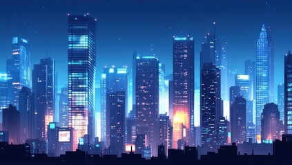 Futuristic city skyline at night, glowing skyscrapers.