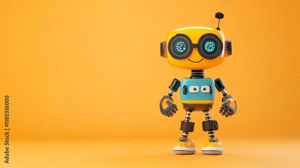 Poster playful and friendly robot character with bright yellow design and engaging expression standing agai