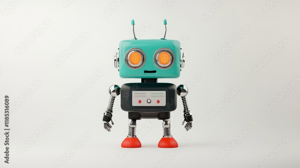 Poster vintage robot character with interactive features and expressive eyes standing against a soft white 