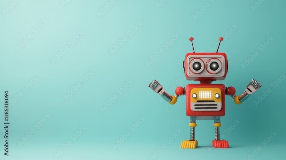 Poster Playful Retro Robot with Colorful Design on Soft Turquoise Backdrop, Standing with Arms Outstretched in a Display of Whimsy and Charm for Creative Projects