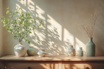Minimalist Scandinavian interior design with wooden dresser ceramic vases leafy plant natural lighting