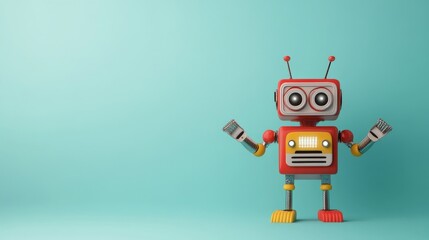 Naklejka premium Playful Retro Robot with Colorful Design on Soft Turquoise Backdrop, Standing with Arms Outstretched in a Display of Whimsy and Charm for Creative Projects