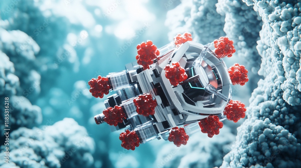 Poster nanobot attacking virus: 3d rendering of a futuristic nanobot fighting a virus inside a human cell.