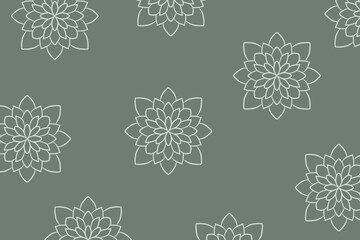 Seamless Floral Pattern with Light Green Outlined Flowers on Dark Green