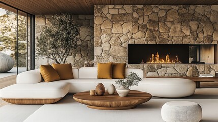 Modern rustic interior, cozy living room, stone wall, panoramic windows, mountain view, fireplace, wooden coffee table, beige sofa, earth tones, minimalist decor, natural materials, warm lighting, win