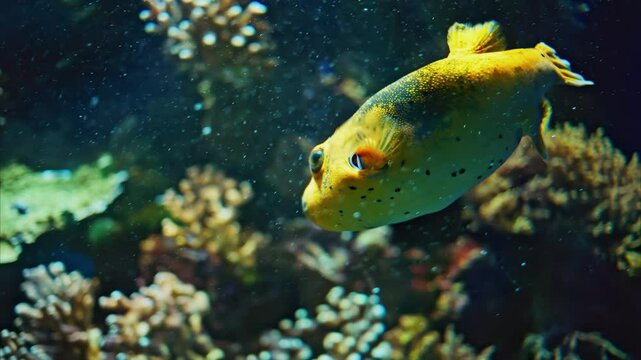 Close up of a Blackspotted puffer fish swimming near coral reefs