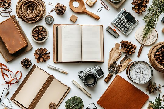 Flatlay of Vintage Travel Accessories and Blank Notebooks on White Background
