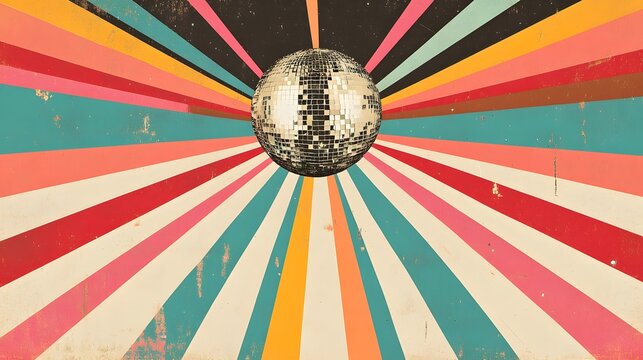 Retro Disco Ball Against Colorful Striped Background